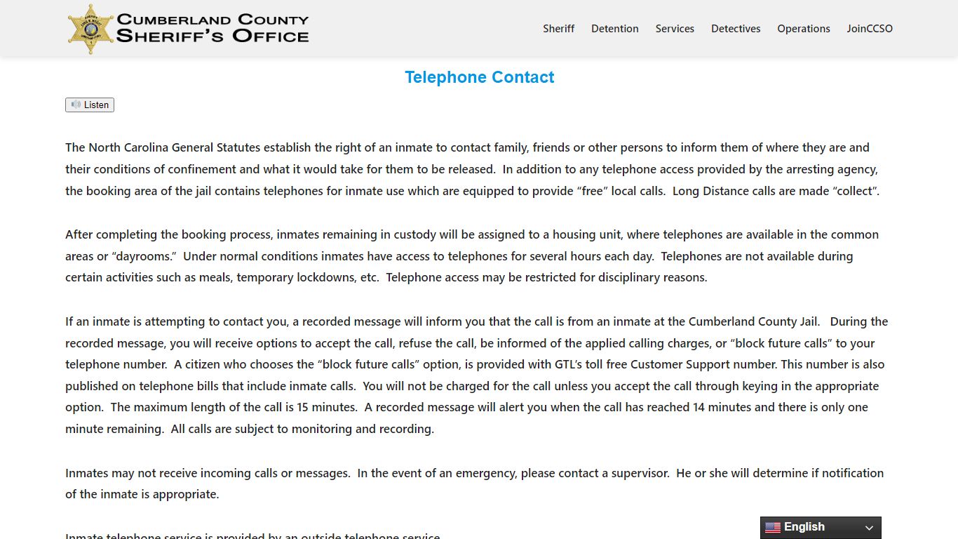 Telephone Contact – Cumberland County Sheriff's Office - ccsonc.org